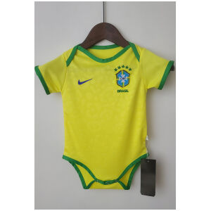 Baby Brazil World Cup Home Jersey 2022 on hanger showing yellow infant bodysuit with green trim and CBF crest