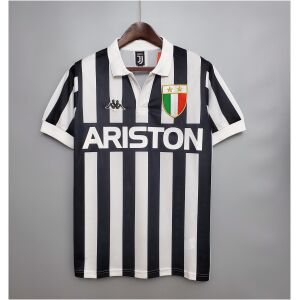 Mens Juventus Retro Home Jersey 1982/84 on hanger showing black and white vertical stripes with Ariston sponsor