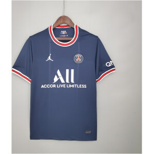 Mens PSG Home Jersey 2021/22 on hanger showing midnight navy body with red and white striped trims and Jumpman logo