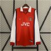 Mens Arsenal Retro Long Sleeve Home Jersey 1998/99 on hanger showing red body with long white sleeves and JVC sponsor