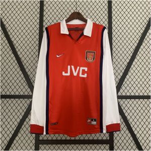 Mens Arsenal Retro Long Sleeve Home Jersey 1998/99 on hanger showing red body with long white sleeves and JVC sponsor