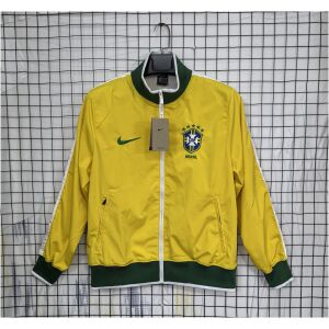 Front view of the Mens Brazil World Cup Yellow Retro Windbreaker 2010 in yellow with green ribbing and CBF crest