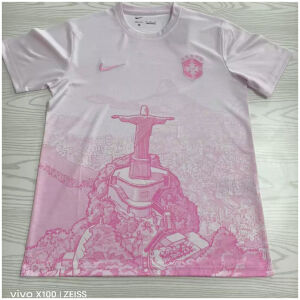 Mens Brazil Pink Jesus Edition Jersey 2025 flat view showing pink Christ the Redeemer illustration on white base