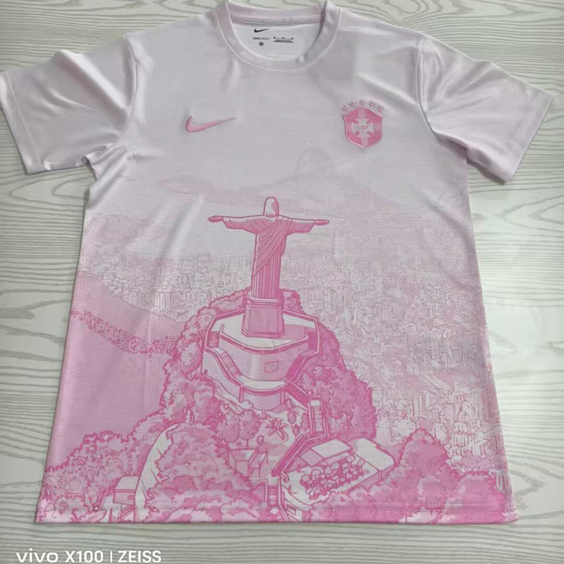 Mens Brazil Pink Jesus Edition Jersey 2025 Mens Brazil Pink Jesus Edition Jersey 2025 flat view showing pink Christ the Redeemer illustration on white base