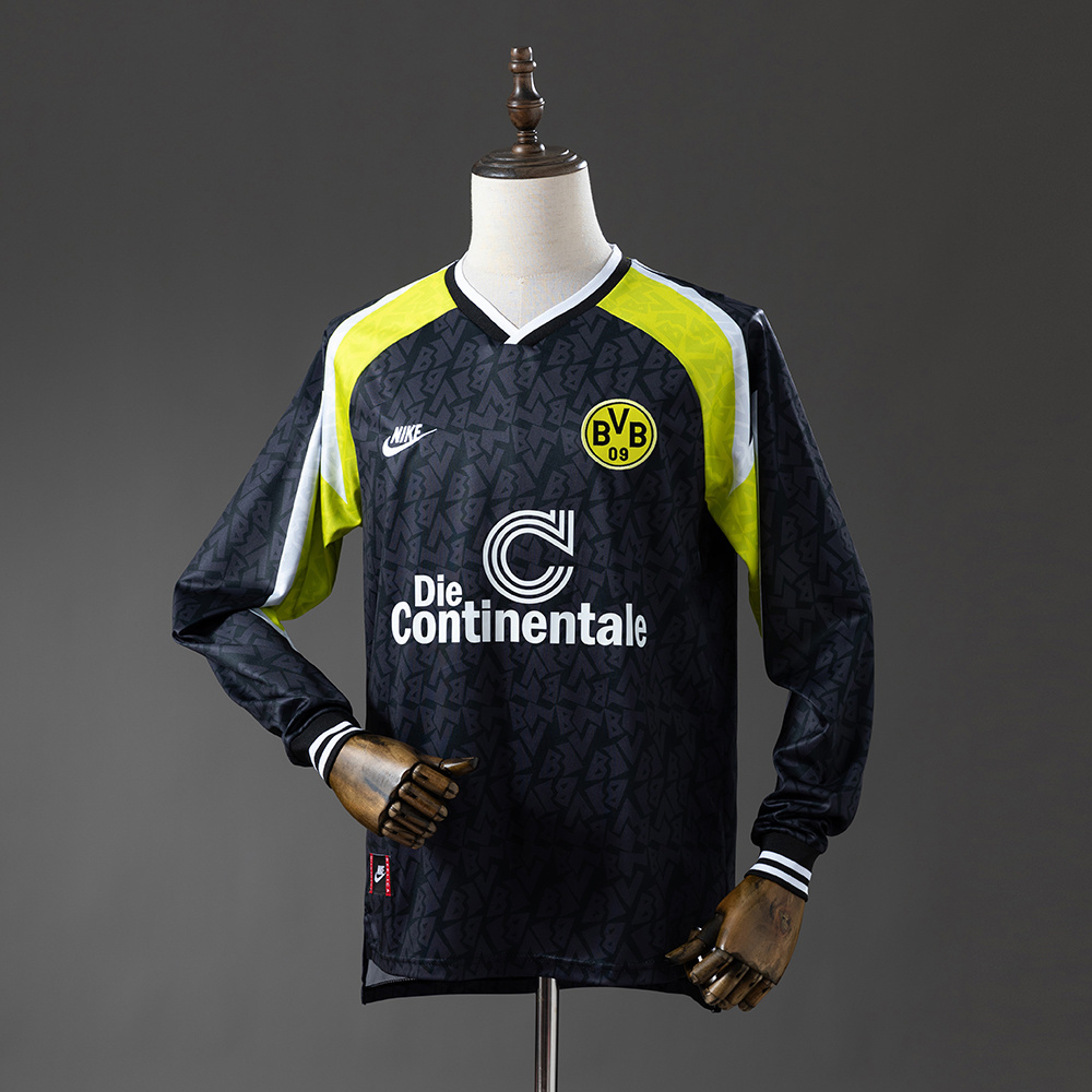 Mens Borussia Dortmund s Retro Long Sleeve Away Jersey 1995/96 Mens Borussia Dortmund s Retro Long Sleeve Away Jersey 1995/96 front view on display