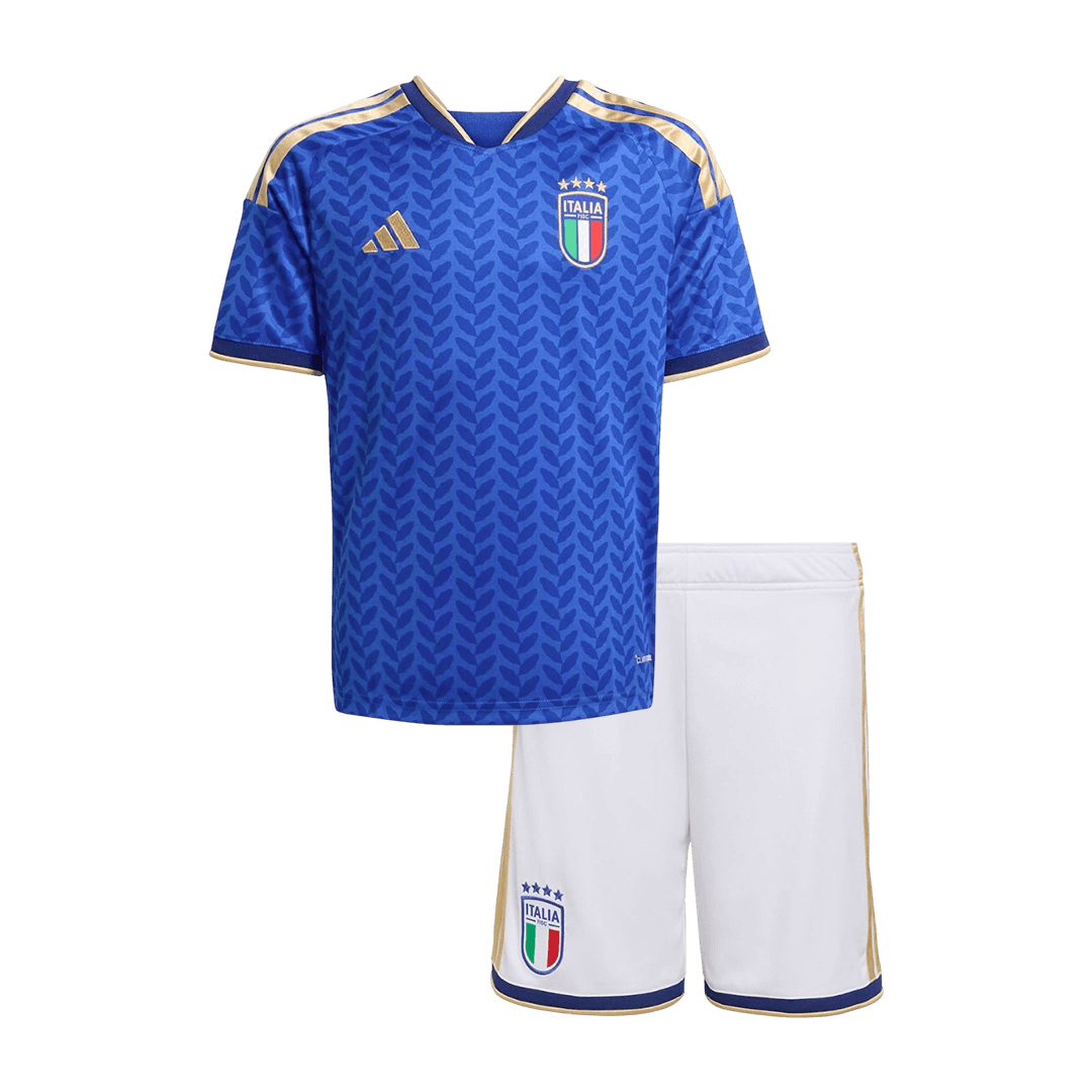 Kids Italy World Cup Home Kit 2026 Kids Italy royal-blue home shirt with leaf print and four-star crest front view