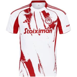 Mens Olympiacos Away Jersey 2025/26 front view in white with red graphics