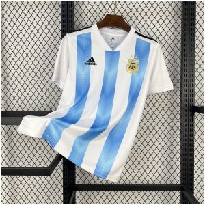 Mens World Cup Argentina Retro Home Jersey 2018 on hanger showing pixelated sky blue stripes and AFA crest