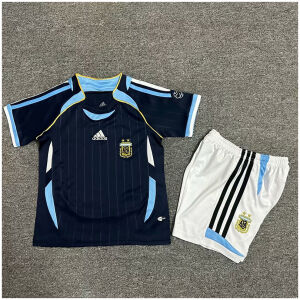Kids World Cup Argentina Retro Away Kit 2006 laid flat showing navy Teamgeist jersey and white shorts