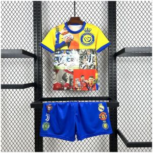 Kids Cristiano Ronaldo all club Mix Kit 2025/26 Kids Cristiano Ronaldo all club Mix Kit 2025/26 front shirt and blue shorts
