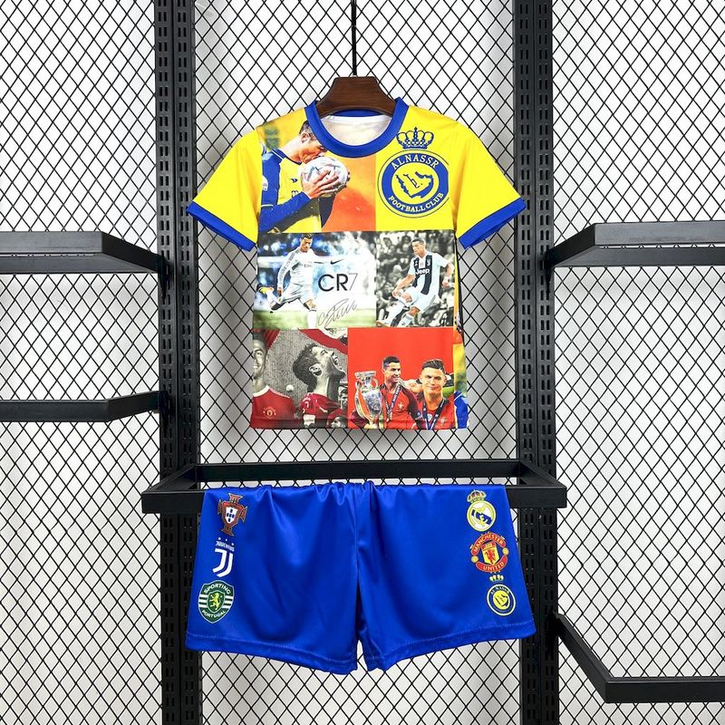 Kids Cristiano Ronaldo all club Mix Kit 2025/26 Kids Cristiano Ronaldo all club Mix Kit 2025/26 front shirt and blue shorts