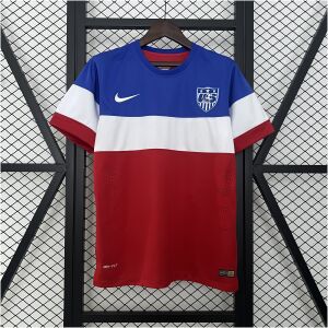 Mens World Cup USA Retro Away Jersey 2014 Mens World Cup USA Retro Away Jersey 2014 front view on hanger showing blue, white, and red color blocks