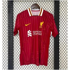Mens Liverpool Home Jersey 2024/25 on hanger showing gym red body with yellow YNWA pinstripes and retro collar