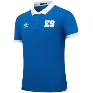 Royal blue El Salvador home shirt with white collar and ES monogram front view
