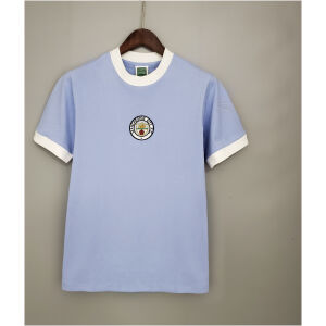 Mens Manchester City Retro Home Jersey 1971/72 on hanger showing sky blue ringer shirt with central circular crest