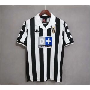 Mens Juventus Retro Home Jersey 1999/00 on hanger showing black and white vertical stripes