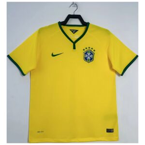 Mens World Cup Brazil Retro Home Jersey 2014 on hanger showing canary yellow body and green notched V-neck