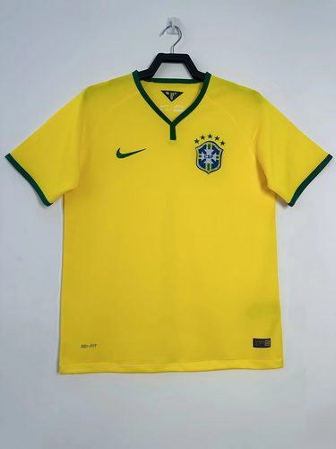 Mens World Cup Brazil Retro Home Jersey 2014 Mens World Cup Brazil Retro Home Jersey 2014 on hanger showing canary yellow body and green notched V-neck