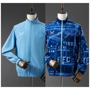 Mens Everton Trench Coat Reversible Blue Windbreaker 2025/26 showing reversible blueprint stadium graphics and full front zipper