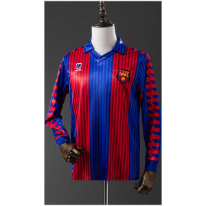 Mens Barcelona Retro Long Sleeve Home Jersey 1992/93 Mens Barcelona 1992/93 home long sleeve jersey with red and blue stripes front view
