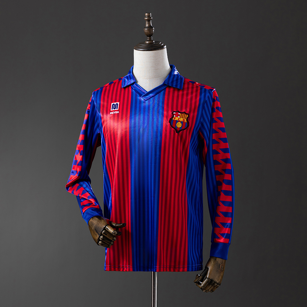 Mens Barcelona Retro Long Sleeve Home Jersey 1992/93 Mens Barcelona 1992/93 home long sleeve jersey with red and blue stripes front view