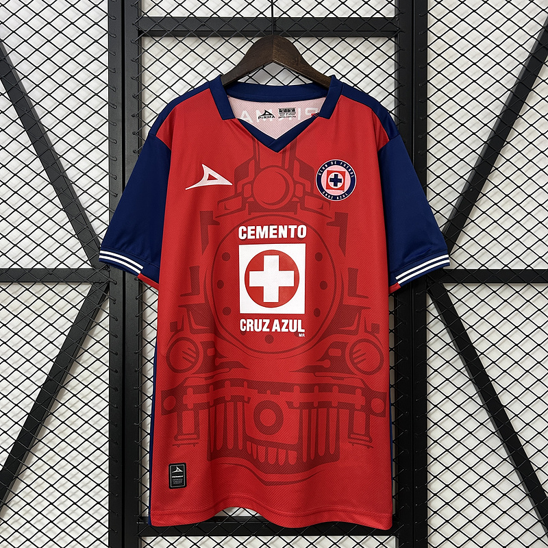 Mens Cruz Azul Third Jersey 2024/25 Mens Cruz Azul Third Jersey 2024/25 front view in red with train graphic