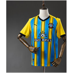 Mens Southampton Away Jersey 2025/26 on mannequin showing yellow and cyan blue stripes with P&O CRUISES