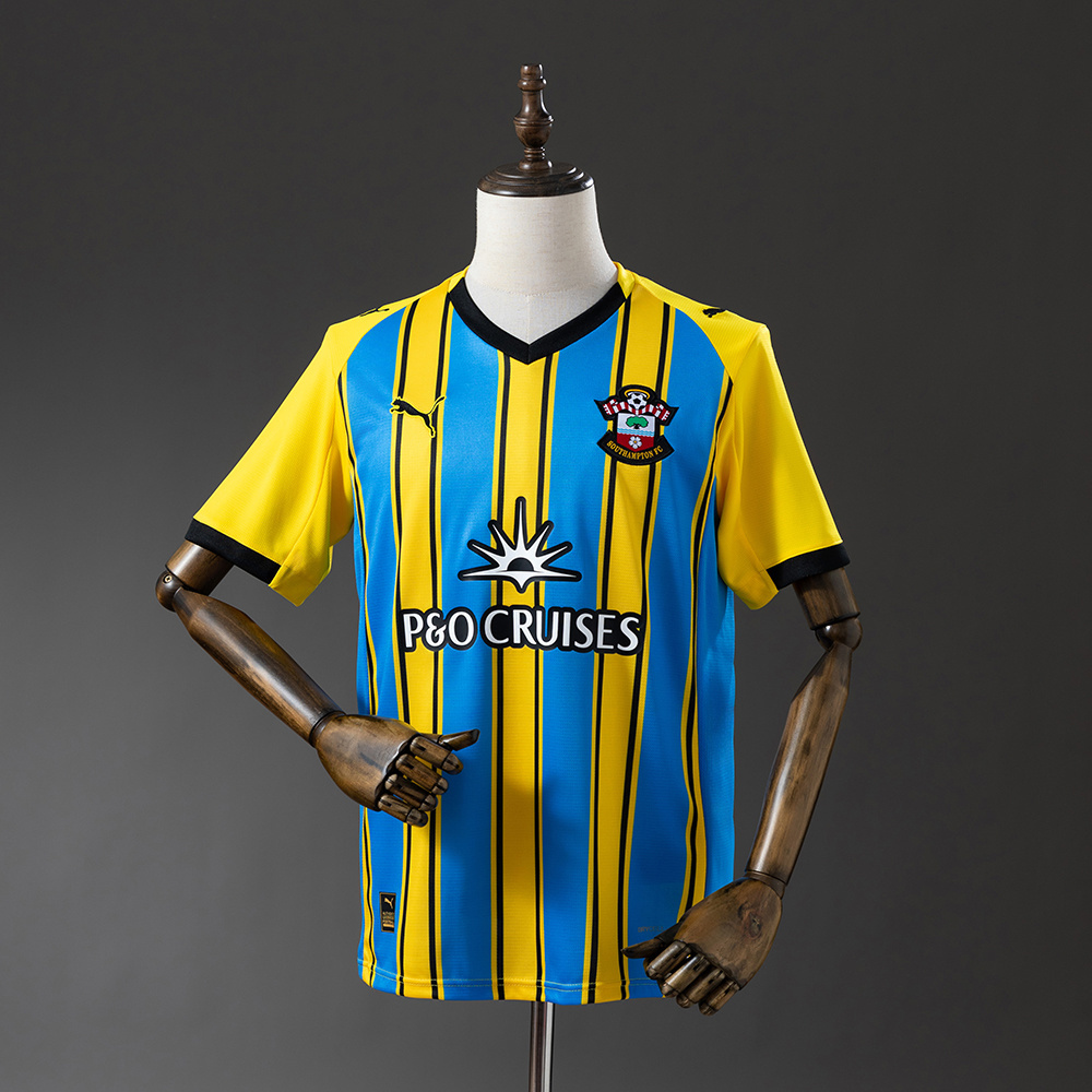 Mens Southampton Away Jersey 2025/26 Mens Southampton Away Jersey 2025/26 on mannequin showing yellow and cyan blue stripes with P&O CRUISES