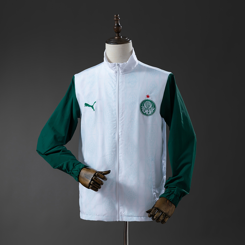 Mens Palmeiras White Windbreaker 2025/26 Mens Palmeiras White Windbreaker 2025/26 front view showing green sleeves and full zip