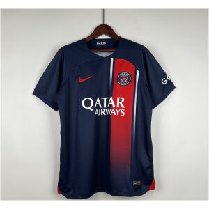 Mens PSG Home Jersey 2023/24 on hanger displaying midnight navy body with red-to-blue gradient vertical stripe