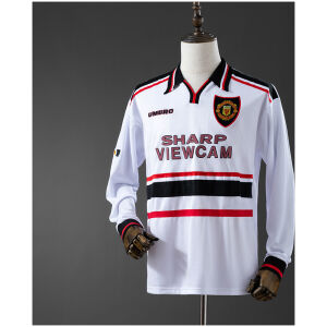 Mens Manchester United Retro Long Sleeve Away Jersey 1998/99 on mannequin showing white body with chest bands