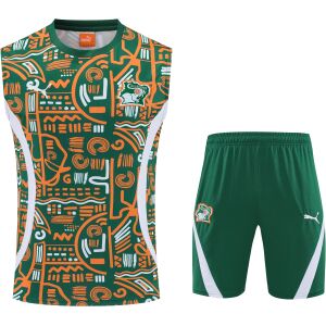 Mens Cote d’Ivoire Blue Training Kit 2025 Front view of the Mens Cote d’Ivoire Training Singlet Kit 2025 with green and orange tribal patterns and shorts