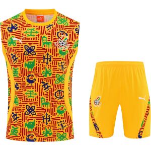 Front view of the Mens Ghana Orange Training Singlet Kit 2025 showing yellow top with Adinkra graphics and shorts