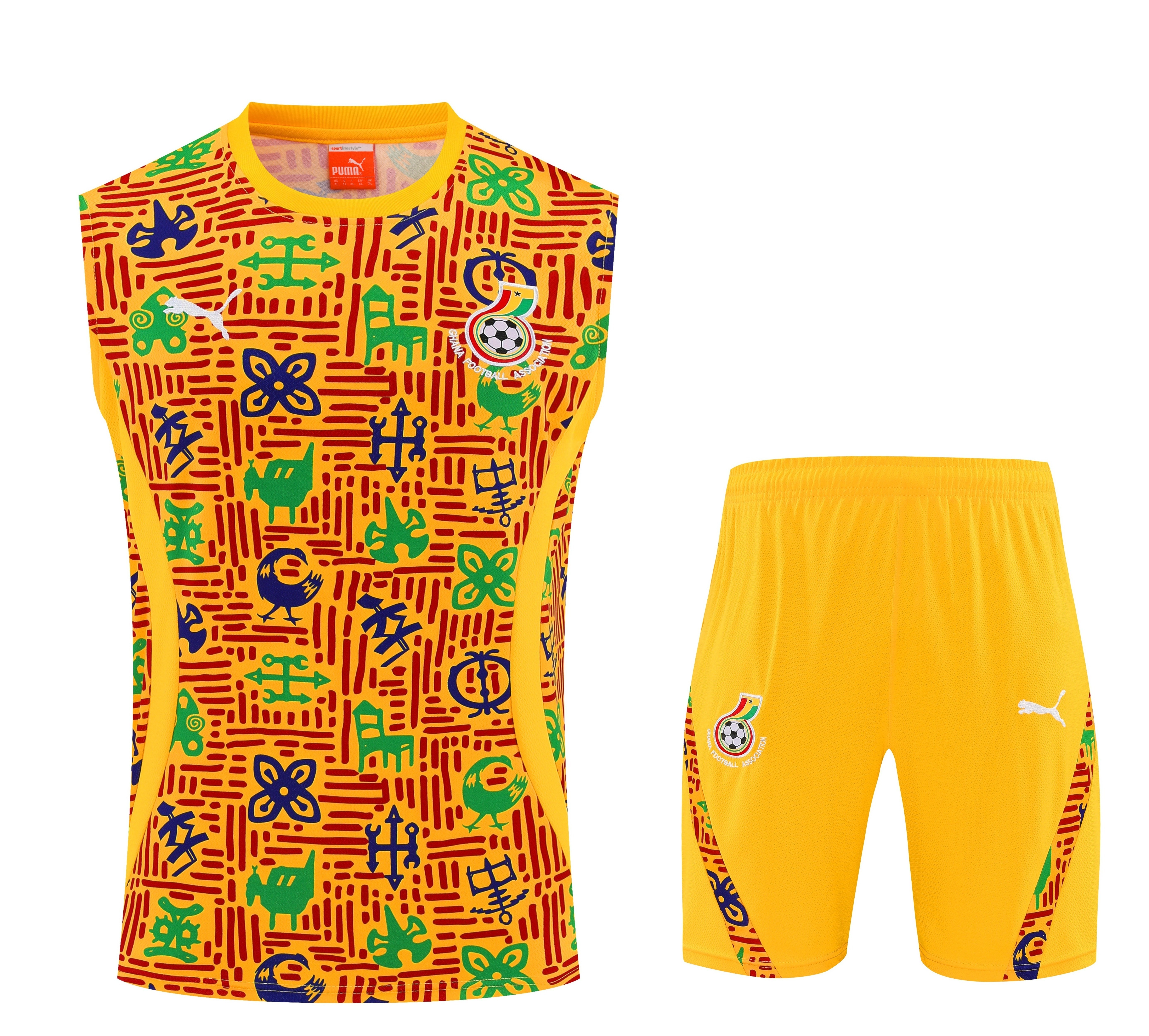 Mens Ghana Orange Training Kit 2025 Front view of the Mens Ghana Orange Training Singlet Kit 2025 showing yellow top with Adinkra graphics and shorts