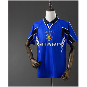 Mens Manchester United 2nd Retro Away Jersey 1996/98 on mannequin showing royal blue body with black polo collar