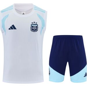 Front view of the Mens Argentina World Cup White Training Singlet Kit 2026 with white tank top and navy shorts