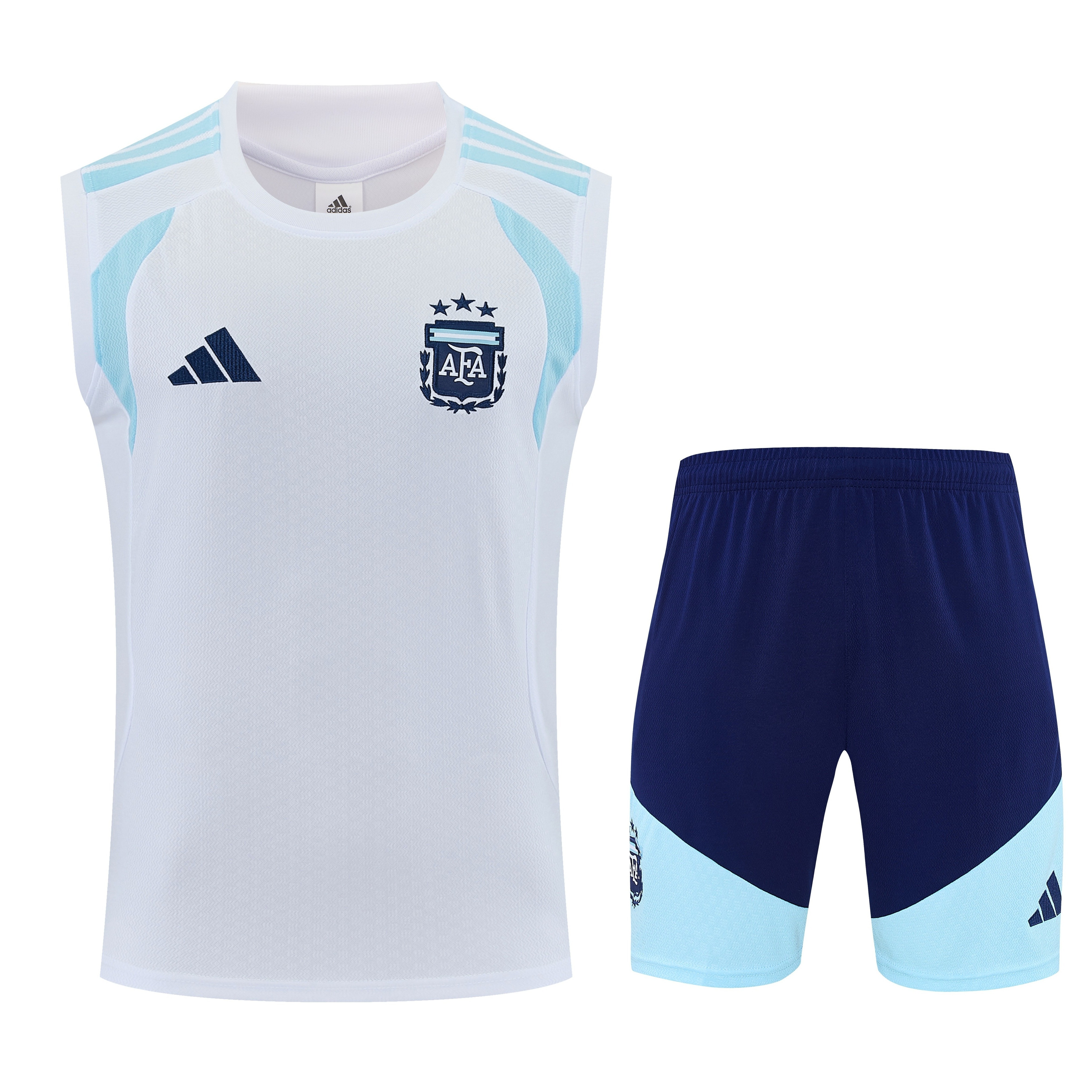 Mens Argentina World Cup White Training Kit 2026 Front view of the Mens Argentina World Cup White Training Singlet Kit 2026 with white tank top and navy shorts