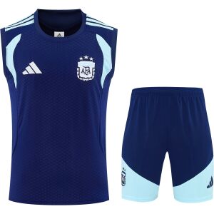 Front view of the Mens Argentina World Cup Blue Training Singlet Kit 2026 in navy with sky blue inserts and shorts