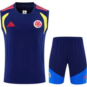 Front view of the Mens Colombia World Cup Blue Training Singlet Kit 2026 in navy with yellow inserts and shorts
