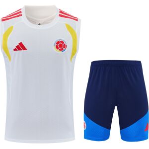 Front view of the Mens Colombia World Cup White Training Singlet Kit 2026 with white tank top and navy shorts