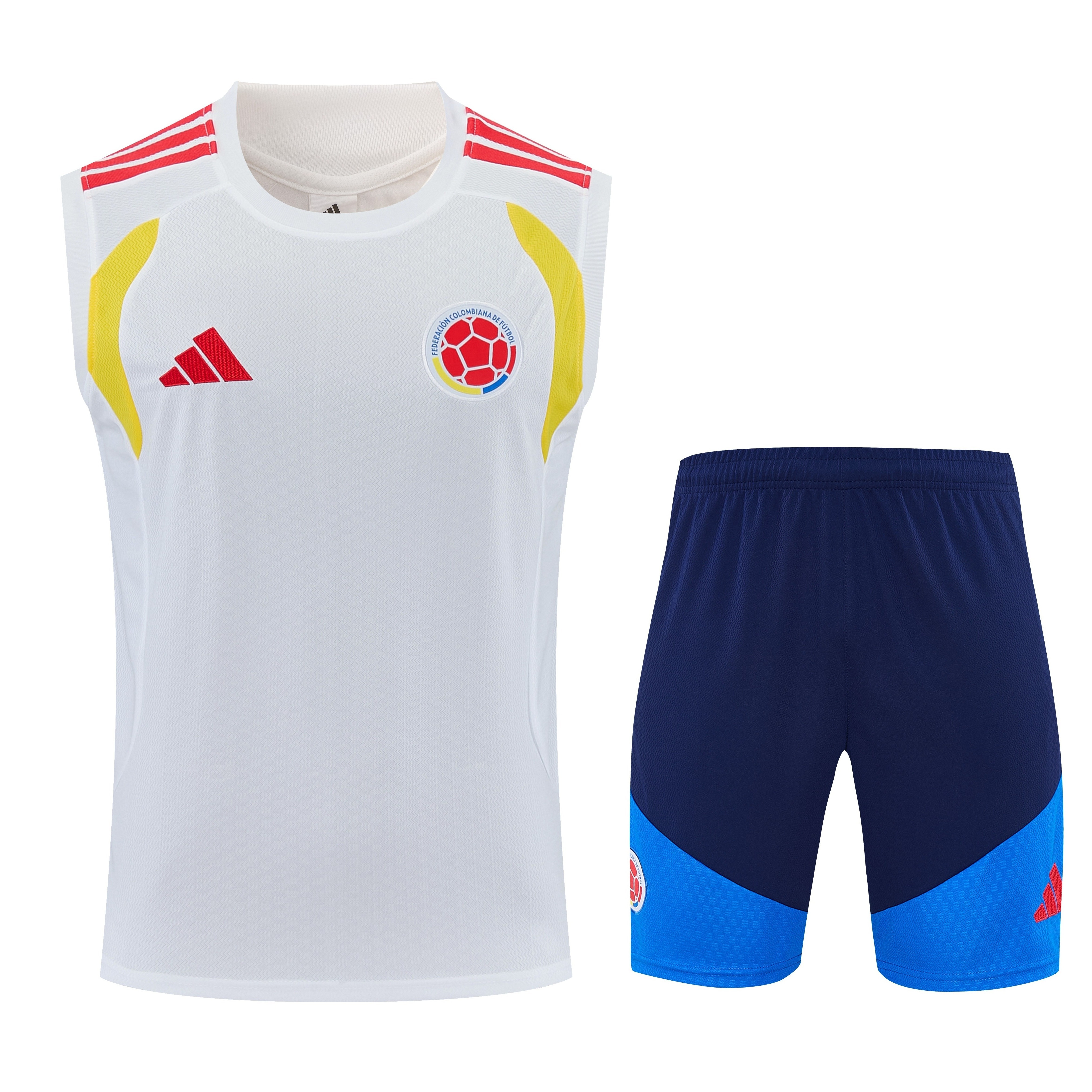 Mens Colombia World Cup White Training Kit 2026 Front view of the Mens Colombia World Cup White Training Singlet Kit 2026 with white tank top and navy shorts
