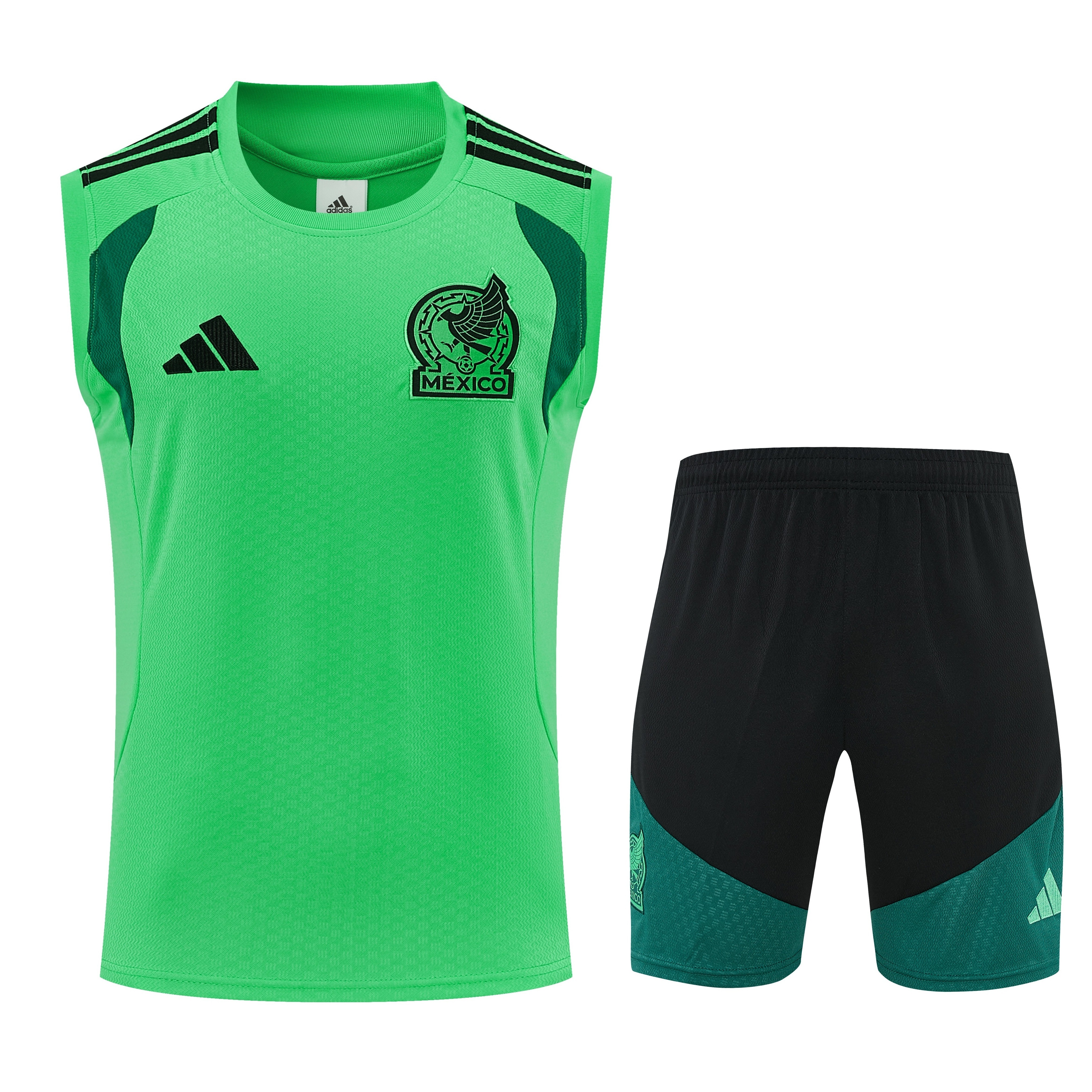 Mens Mexico World Cup Green Training Kit 2026 Front view of the Mens Mexico Green Training Singlet Kit 2026 showing mint green tank top and black shorts