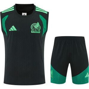 Front view of the Mens Mexico World Cup Blue Training Singlet Kit 2026 in dark charcoal with mint green accents