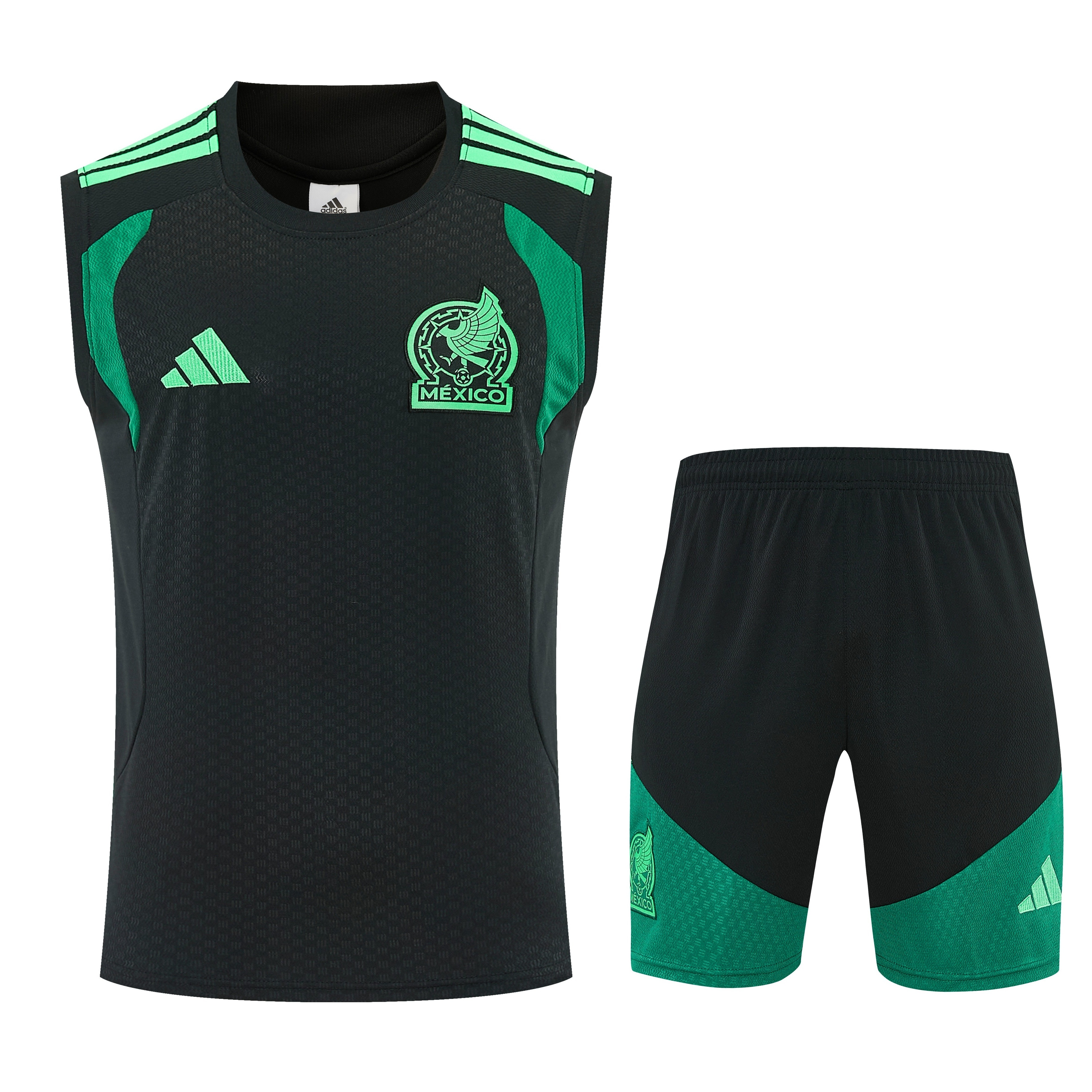 Mens Mexico World Cup Blue Training Kit 2026 Front view of the Mens Mexico World Cup Blue Training Singlet Kit 2026 in dark charcoal with mint green accents