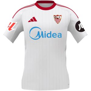 Sevilla home shirt with red crew neck and Midea chest print front view