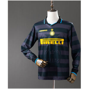 Mens Inter Milan Retro Long Sleeve Third Jersey 1997/98 on hanger showing navy-grey hoops and long sleeves