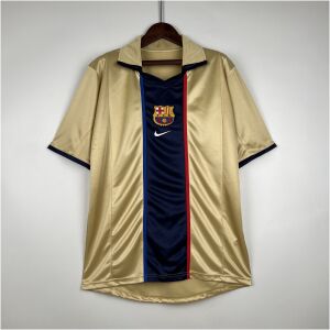 Barcelona retro away jersey pale gold with navy central panel, front view
