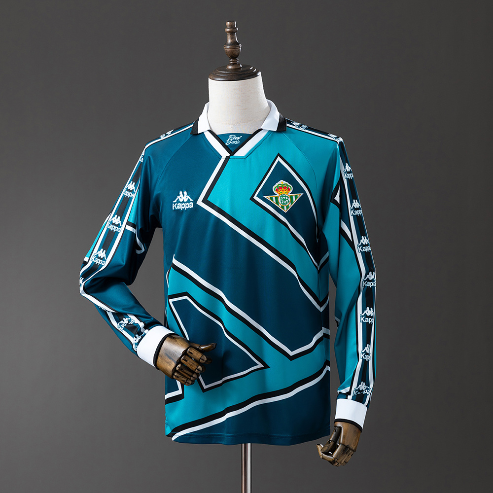 Mens Real Betis Retro Long Sleeve Away Jersey 1995/97 Mens Real Betis Retro Long Sleeve Away Jersey 1995/97 front view on display