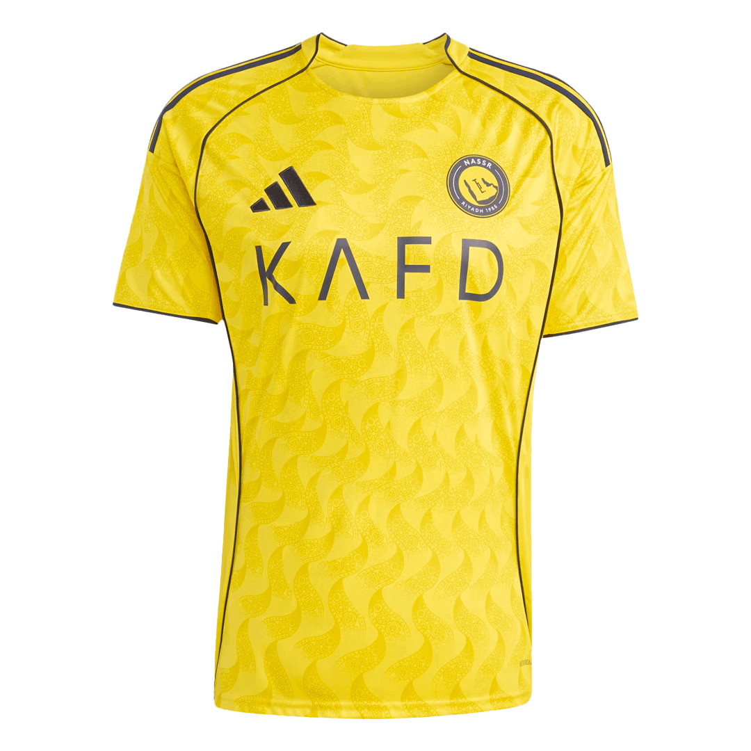 Mens Al Nassr Home Jersey 2025/26 Mens Al Nassr Home Jersey 2025/26 front view displaying yellow wave jacquard texture