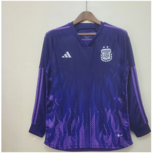 Mens Argentina 2 stars s Long Sleeve Away Jersey 2022 on hanger showing deep purple body with flame graphics